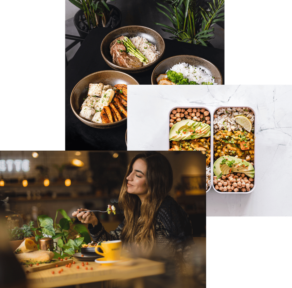 Woman enjoying food, meals in storage, and food bowls on a table